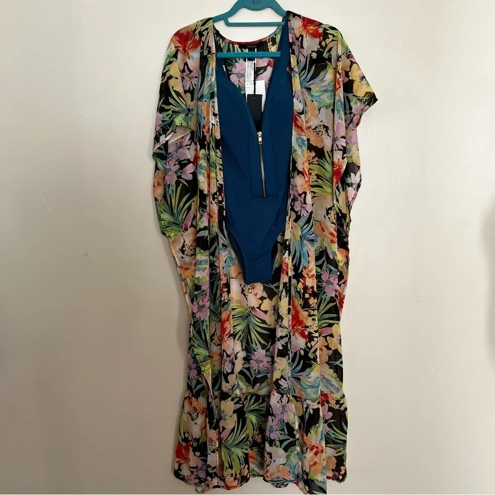 Forever 21 Sheer Black and Floral Swim Coverup Kimono - NWT - Size Small